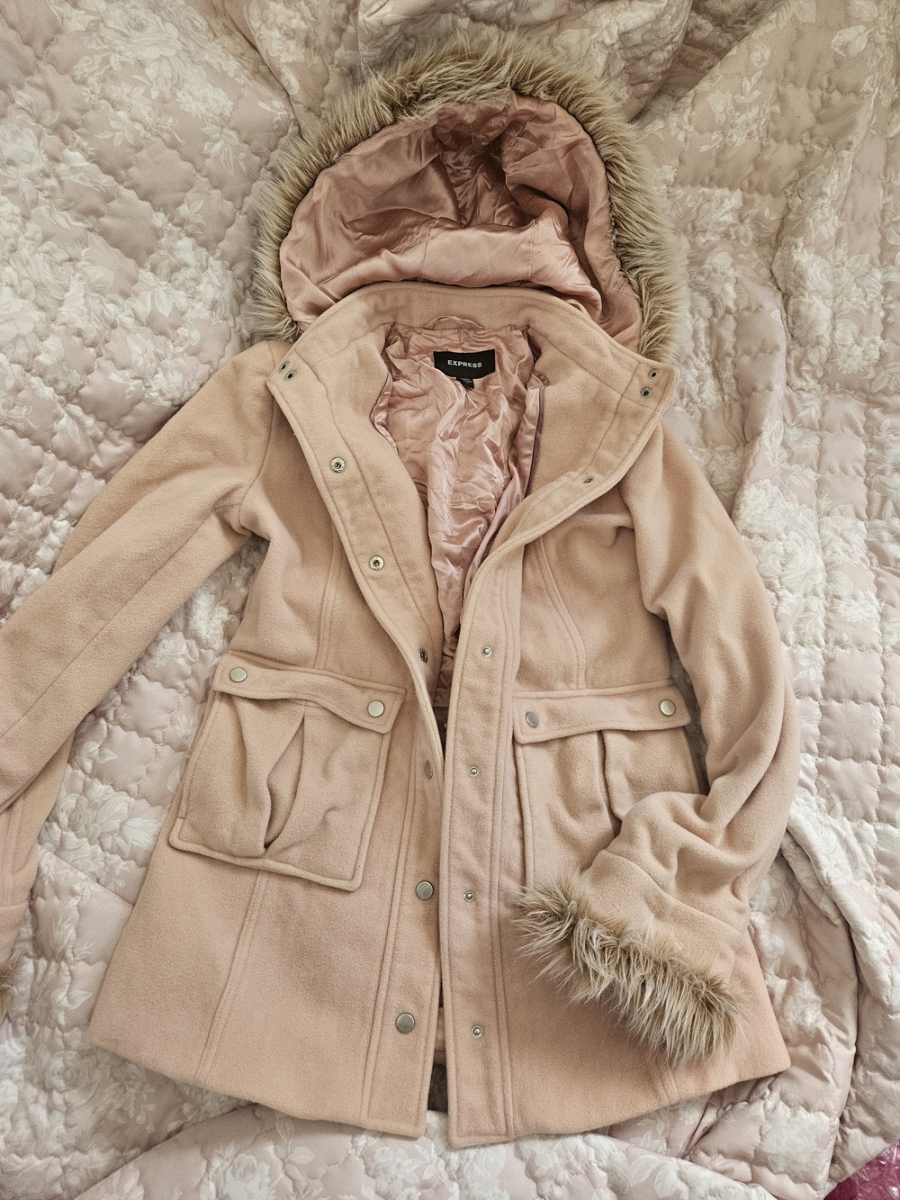Express Women's Blush Pink Hooded Coat with Faux Fur Trim